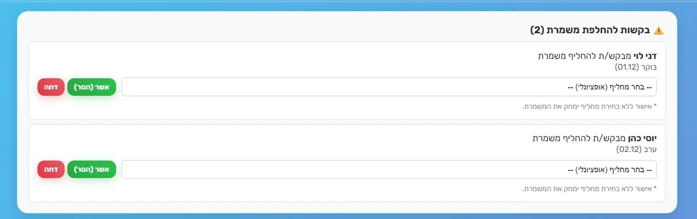 החלפות משמרת עם אישור